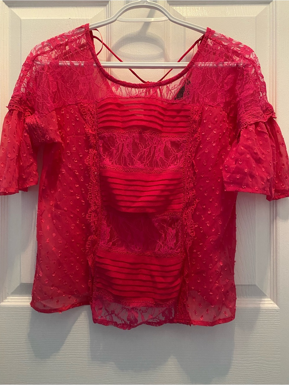 New Look Fuchsia Lace & Dot Overlay Blouse